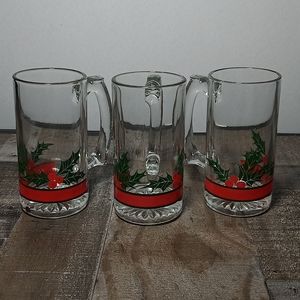 Vintage Tall Weighted Christmas Mugs Set 3 Holly & Berries